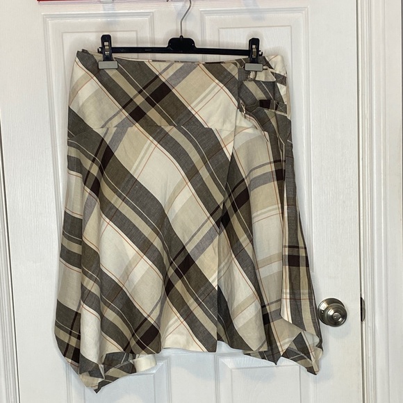 NYGARD Cream Brown Plaid Asym Wrap Midi Skirt Linen Blend D-Ring US 14 - Picture 15 of 16